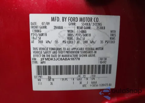 2010 Ford Edge Sel из США, поврежденный, VIN 2FMDK3JC8ABA18778